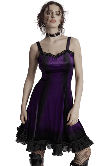 Velvet Sleeveless Dress with Lace Trim and Ruffled Hem